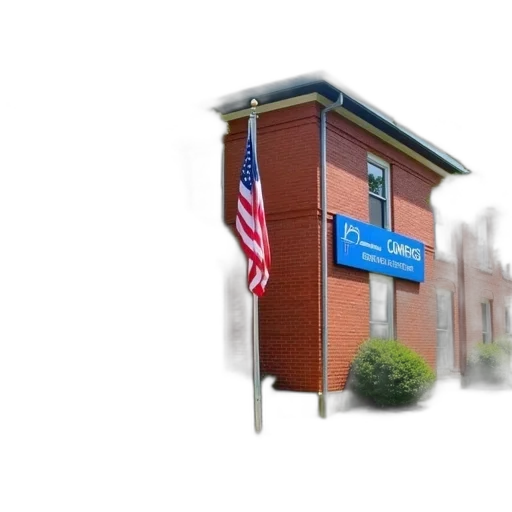 building, 3d render, photorealistic, red, brick, blue, sign, right transparent PNG cut-out