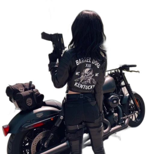 jacket, weapon, concept art, photorealistic, comic book art, fantasy art, woman, stands transparent PNG cut-out