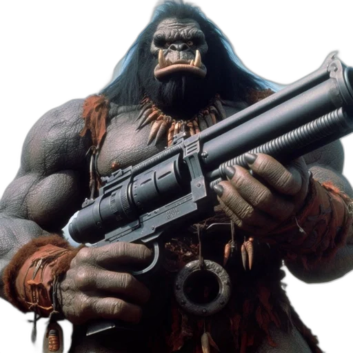 weapon, animal, concept art, photorealistic, 3d render, large, ape-like, humanoid transparent PNG cut-out