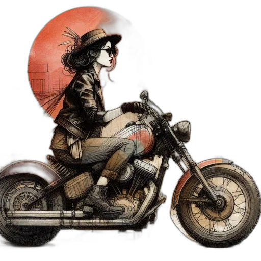 jacket, comic book art, concept art, fantasy art, cartoon, rebellious, woman, rides transparent PNG cut-out