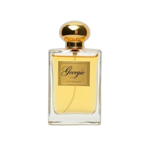 bottle, clear, glass, perfume, golden, cap, label, featuring transparent PNG cut-out