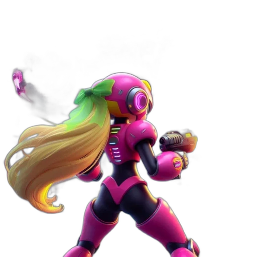 weapon, robot, hair, concept art, 3d render, comic book art, pixel art, neon transparent PNG cut-out