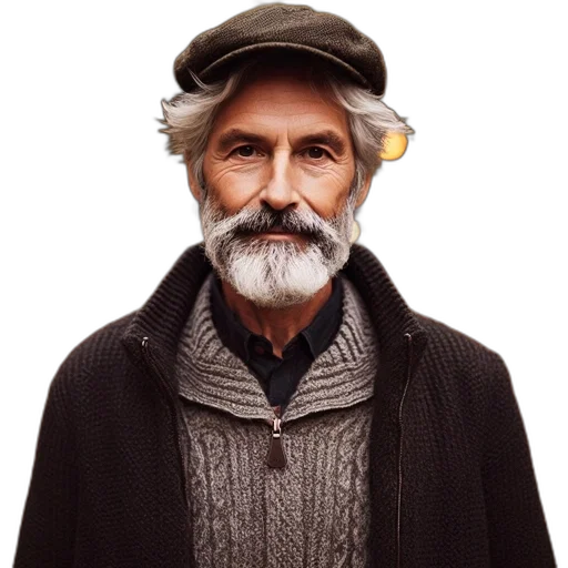 hat, face, jacket, mask, photorealistic, earth tones, elderly, gentleman transparent PNG cut-out