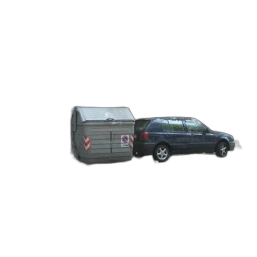 car, staff, 3d render, street, scene, dumpster, sign, says transparent PNG cut-out