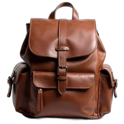 earth tones, brown, leather, backpack, front, flap, pocket, two transparent PNG cut-out
