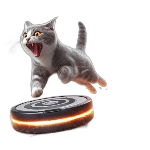 robot, 3d render, concept art, grey, white, cat, attempts, leap transparent PNG cut-out