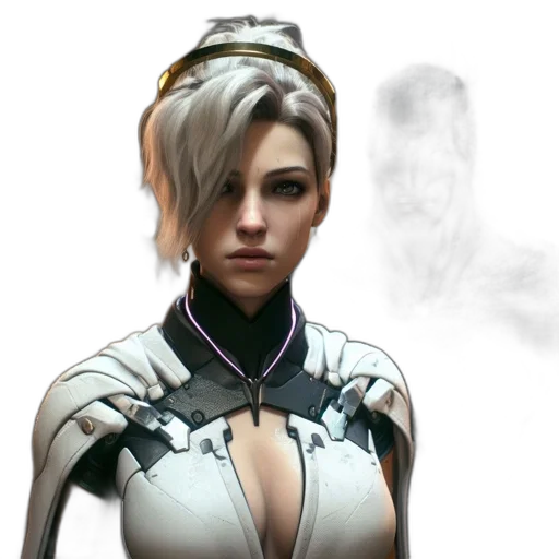 face, robot, staff, concept art, cyberpunk, fantasy art, photorealistic, against transparent PNG cut-out