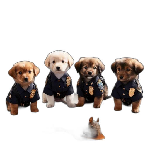 staff, 3d render, four, puppies, dressed, like, detectives, investigate transparent PNG cut-out
