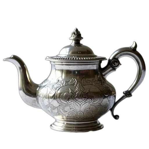 photorealistic, 3d render, silver, teapot, intricate, floral, patterns, engraved transparent PNG cut-out