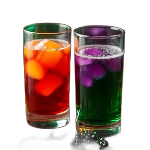 food, 3d render, photorealistic, colorful, neon, two, glasses, red transparent PNG cut-out