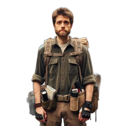 jacket, staff, weapon, concept art, pixel art, cyberpunk, 3d render, middle-aged transparent PNG cut-out