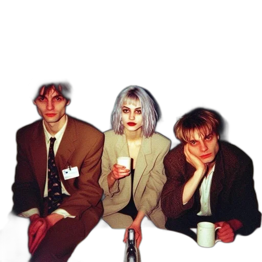 jacket, staff, fire, neon lights, three, people, sit, before transparent PNG cut-out