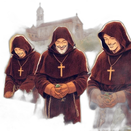 mask, concept art, fantasy art, comic book art, pixel art, snow, three, monks transparent PNG cut-out