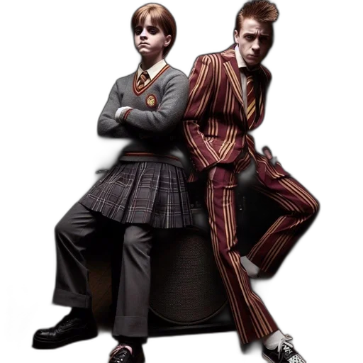 jacket, concept art, two, students, one, male, female, stand transparent PNG cut-out