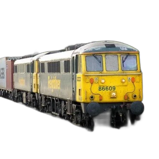 3d render, photorealistic, yellow, train, number, 86609, traveling, down transparent PNG cut-out