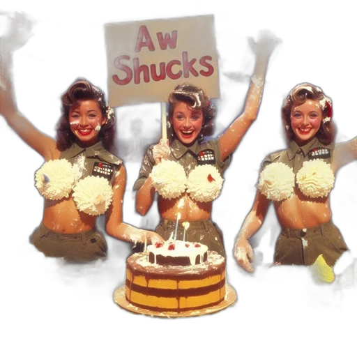 three, women, military, uniforms, laugh, throw, cakes, into transparent PNG cut-out