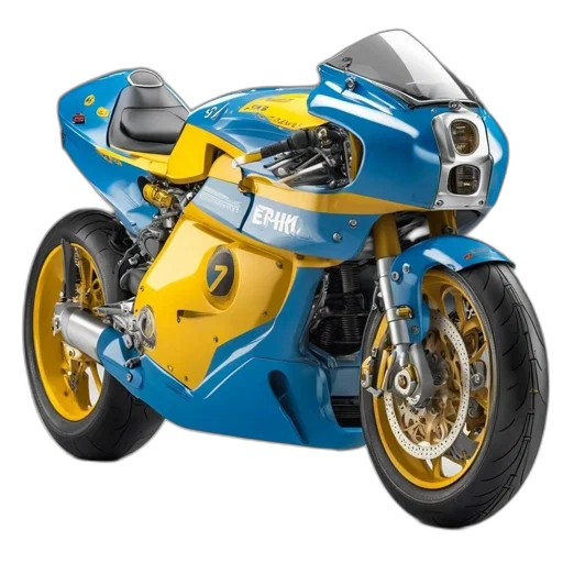 weapon, 3d render, photorealistic, concept art, sleek, aerodynamic, blue-and-yellow, motorcycle transparent PNG cut-out