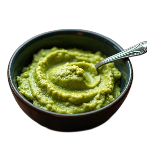 food, photorealistic, green, bowl, guacamole, spoon, word, authentic transparent PNG cut-out
