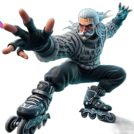 creature, concept art, fantasy art, comic book art, 3d render, elderly, man, rollerblades transparent PNG cut-out