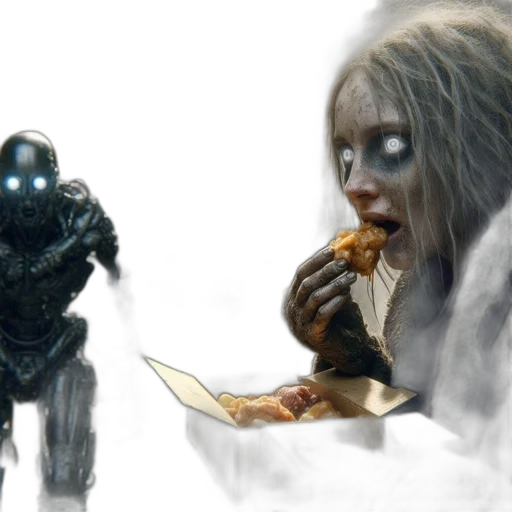 concept art, fantasy art, 3d render, comic book art, outer space, malnourished, woman, consumes transparent PNG cut-out