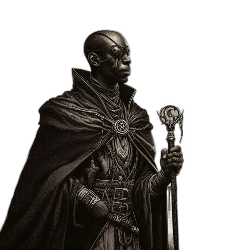 staff, sword, weapon, mask, concept art, fantasy art, comic book art, dark transparent PNG cut-out