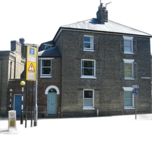 building, 3d render, photorealistic, city street, snow, brick, blue, door transparent PNG cut-out