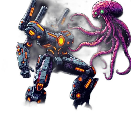 robot, creature, weapon, staff, concept art, pixel art, cyberpunk, fantasy art transparent PNG cut-out