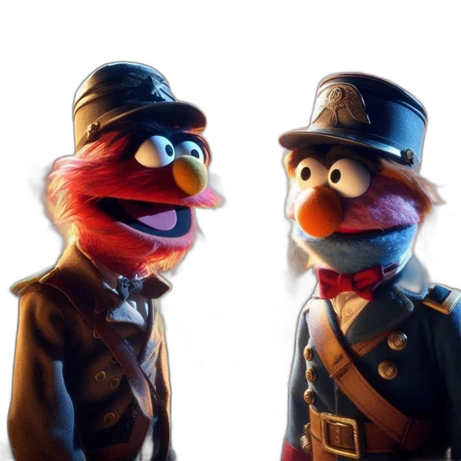 hat, mask, staff, 3d render, concept art, photorealistic, two, muppet transparent PNG cut-out