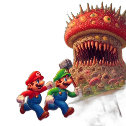 creature, hat, weapon, concept art, 3d render, pixel art, fire, mario transparent PNG cut-out