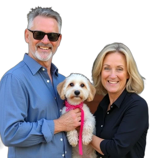 staff, group, three, people, standing, front, house, holding transparent PNG cut-out