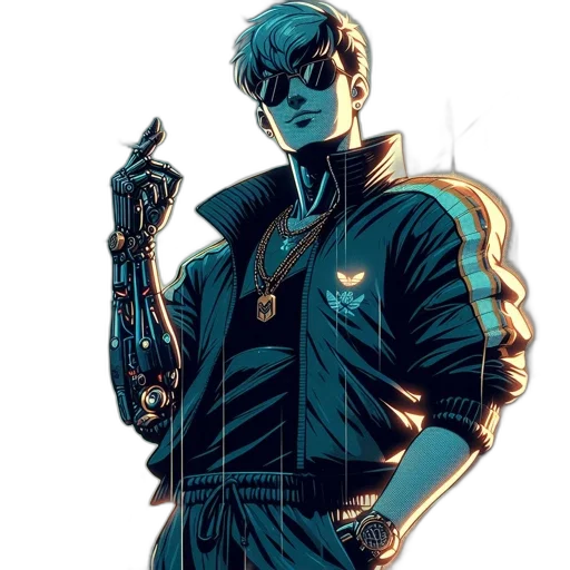 jacket, robot, weapon, cyberpunk, comic book art, concept art, cartoon, blue transparent PNG cut-out