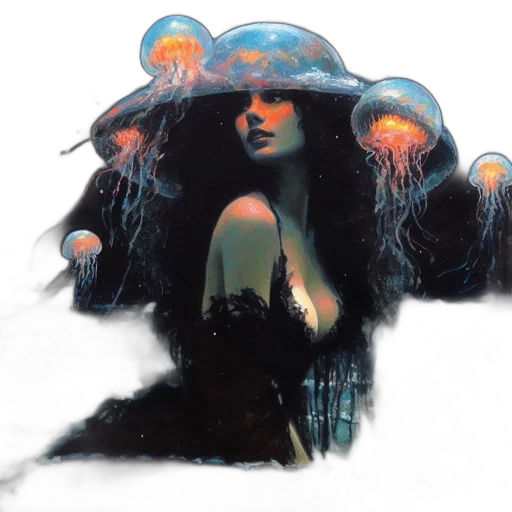 hat, crown, umbrella, concept art, watercolor, fantasy art, comic book art, underwater transparent PNG cut-out