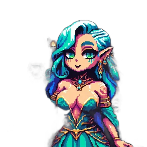 dress, staff, pixel art, fantasy art, concept art, anime, colorful, blue transparent PNG cut-out