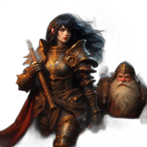 sword, fantasy art, concept art, comic book art, photorealistic, golden, woman, armor transparent PNG cut-out