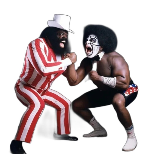 two, individuals, dramatic, poses, one, white-hat, striped, suit transparent PNG cut-out