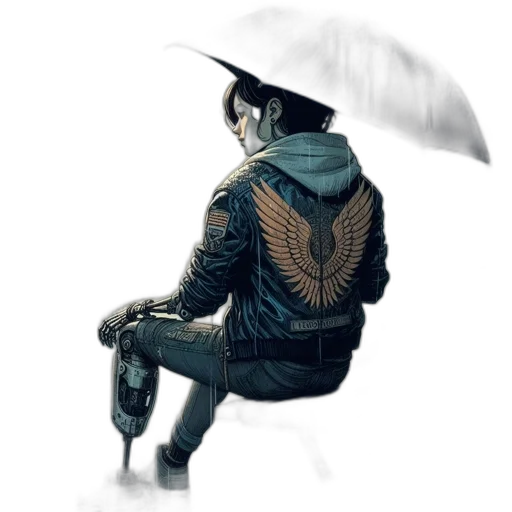 jacket, umbrella, hat, robot, concept art, cyberpunk, pixel art, comic book art transparent PNG cut-out