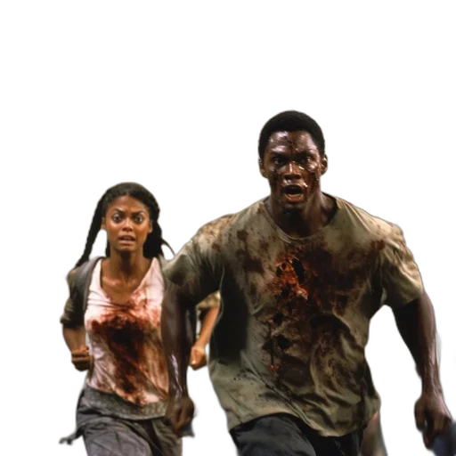concept art, two, bloodied, individuals, man, woman, panic, lit transparent PNG cut-out