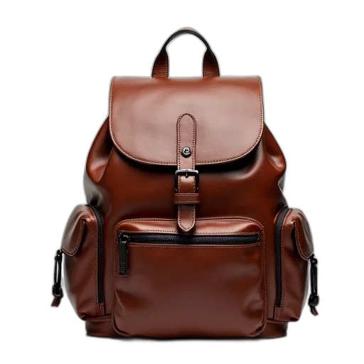 3d render, brown, leather, backpack, front, zipper, pocket, two transparent PNG cut-out