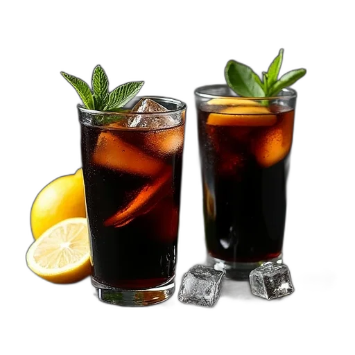 food, 3d render, photorealistic, black, drinks, lemons, ice, cubes transparent PNG cut-out