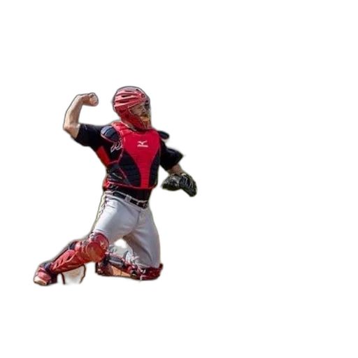 baseball, catcher, action, wearing, red, black, uniform, text transparent PNG cut-out