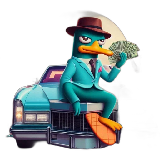car, concept art, 3d render, cartoon, vaporwave, perry, platypus, sits transparent PNG cut-out
