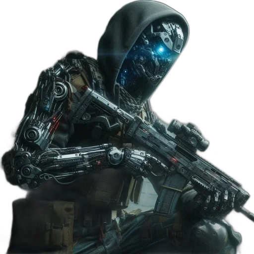 robot, weapon, mask, concept art, cyberpunk, 3d render, comic book art, futuristic transparent PNG cut-out