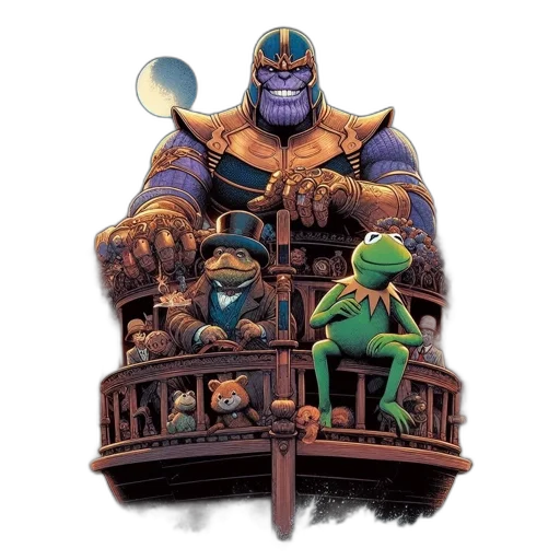 concept art, comic book art, fantasy art, pixel art, thanos, towers, over, boat transparent PNG cut-out