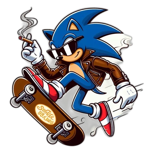concept art, pixel art, cartoon, comic book art, sonic, hedgehog, depicted, skateboarding transparent PNG cut-out