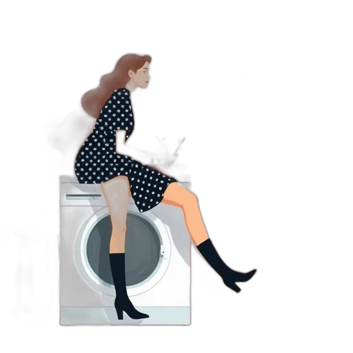 furniture, dress, stylized, illustration, woman, sitting, washing, machine transparent PNG cut-out