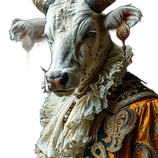 animal, mask, crown, jewelry, photorealistic, concept art, cow, ornate transparent PNG cut-out