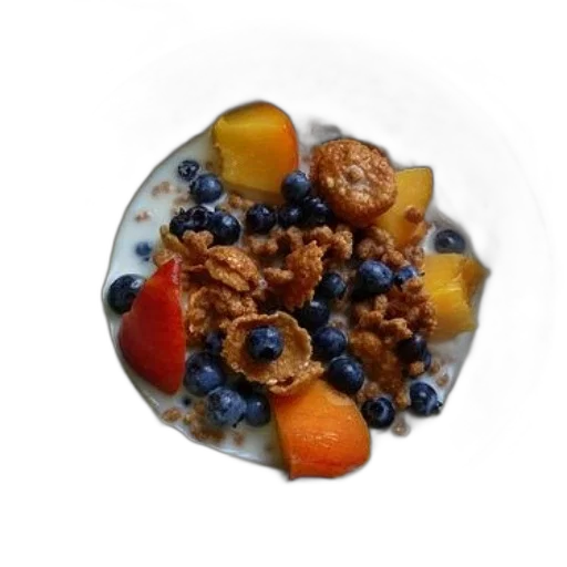 food, crown, jewelry, photorealistic, 3d render, bowl, cereal, blueberries transparent PNG cut-out