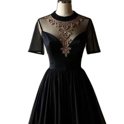 dress, dark, black, silk, evening, gown, gold, embroidery transparent PNG cut-out