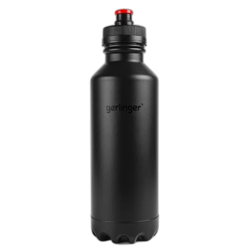 bottle, 3d render, black, red, water, screw-top, cap, placed transparent PNG cut-out