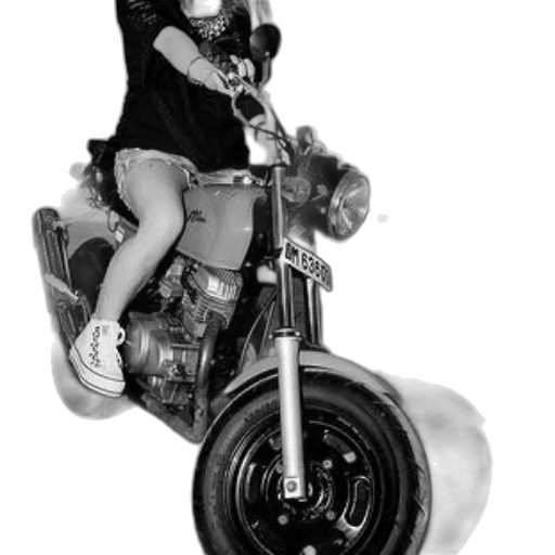 photorealistic, woman, black, top, denim, shorts, rides, motorcycle transparent PNG cut-out